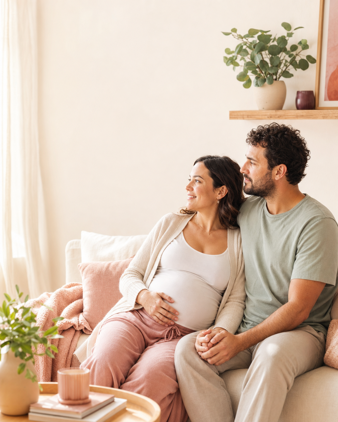 Expecting couple sitting closely together in a bright room